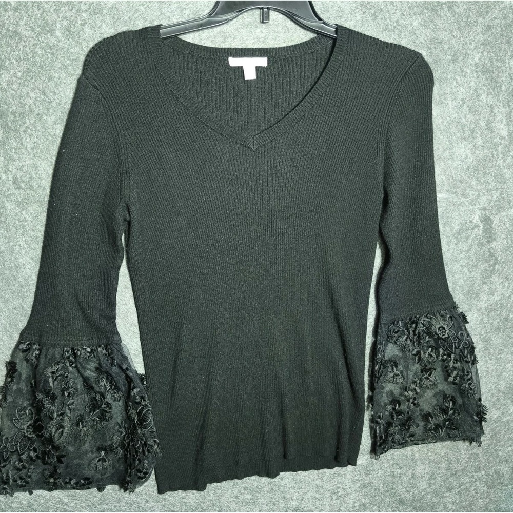 Black Gothic Ribbed Knit Top Lace Bell Sleeves Romantic V-Neck Boho Size Large‎